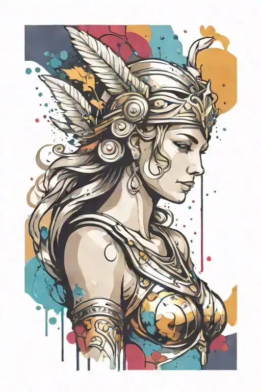 athena goddess in armor, paint drops, brush style surrounded tattoo design idea