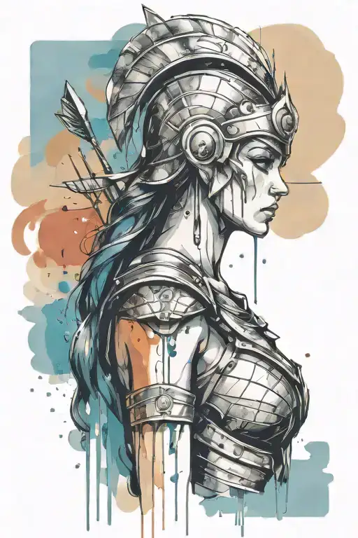 athena goddess in Armor holding spear, paint drops, brush style surrounded tattoo design idea