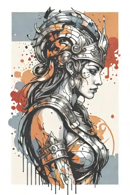 athena goddess in Armor  , paint drops, brush style surrounded tattoo design idea