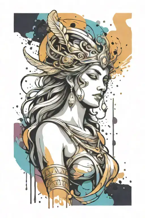 athena goddess , paint drops, brush style surrounded tattoo design idea
