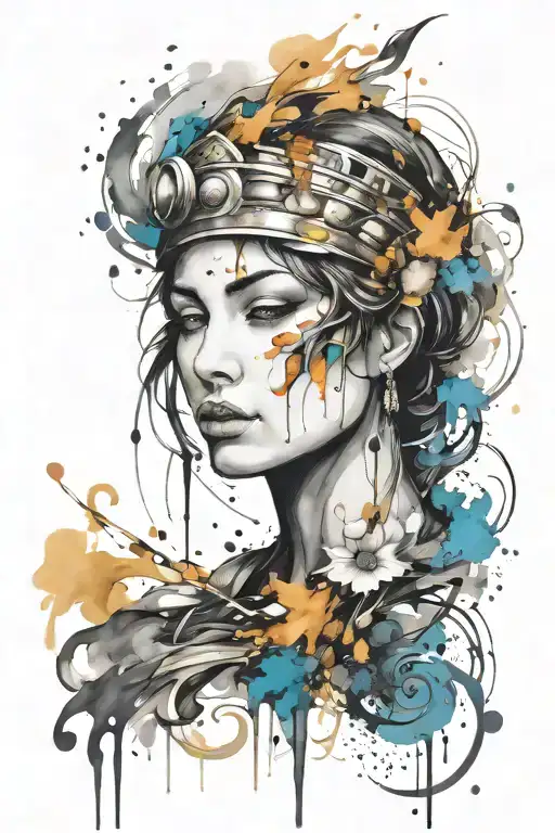 athena, paint drops, brush style surrounded tattoo design idea