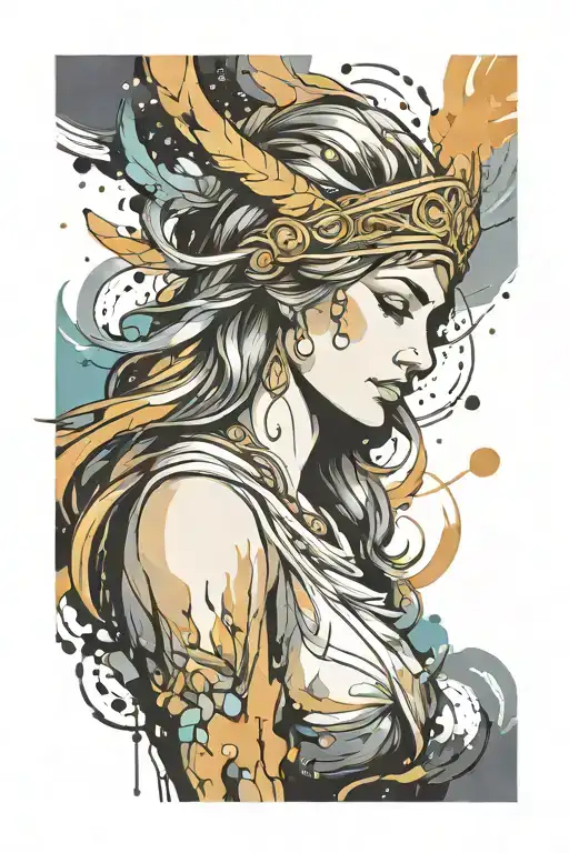 athena goddess , paint drops, brush style surrounded tattoo design idea