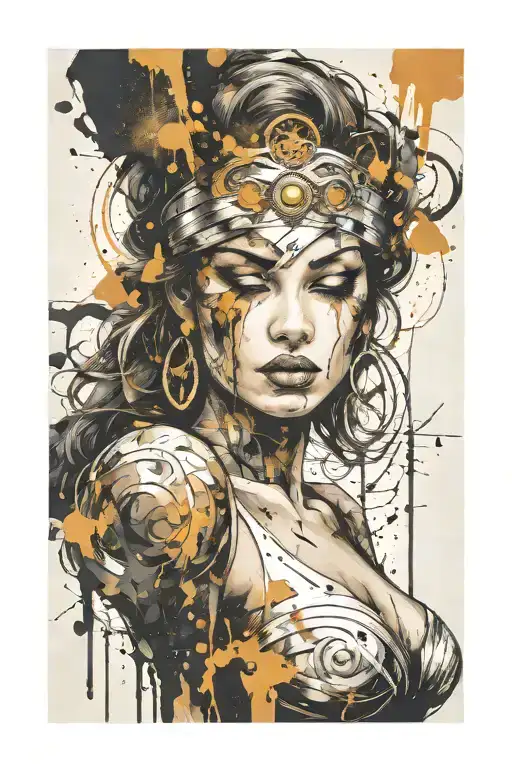 justice blindfolded goddess , paint drops, brush style surrounded tattoo design idea