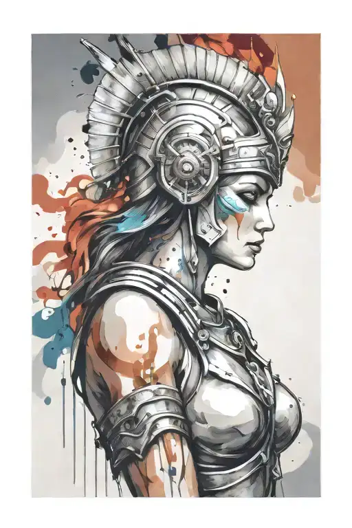 athena goddess in Armor  , paint drops, brush style surrounded tattoo design idea