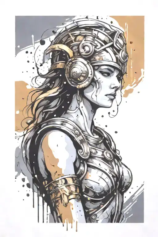 athena goddess in Armor  , paint drops, brush style surrounded tattoo design idea