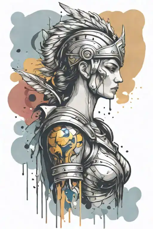athena goddess in Armor,  paint drops, brush style surrounded tattoo design idea