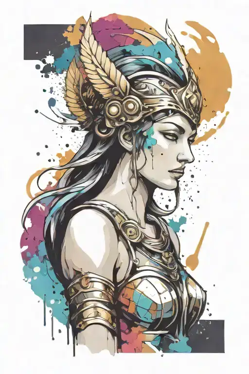 athena goddess in armor, paint drops, brush style surrounded tattoo design idea