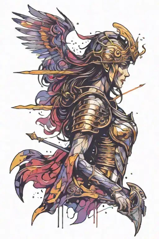 athena goddess in Armor, paint stopa, brush strokes tattoo design idea