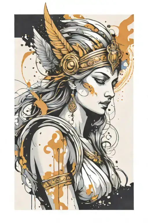 athena goddess , paint drops, brush style surrounded tattoo design idea
