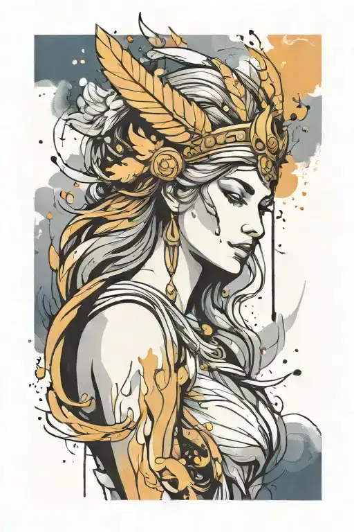 athena goddess , paint drops, brush style surrounded tattoo design idea