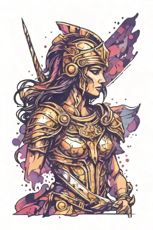 Athena goddess in Armor, paint drops, brush style background tattoo design idea