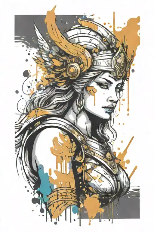 athena goddess in Armor with spear, paint drops, brush style surrounded tattoo design idea