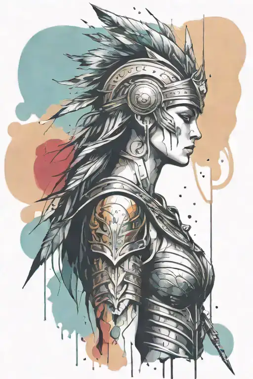 athena goddess in Armor  with spear, paint drops, brush style surrounded tattoo design idea