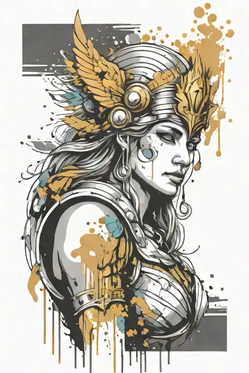 athena goddess in Armor, paint drops, brush style surrounded tattoo design idea