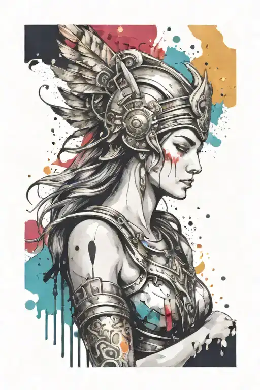 athena goddess in armor , paint drops, brush style surrounded tattoo design idea