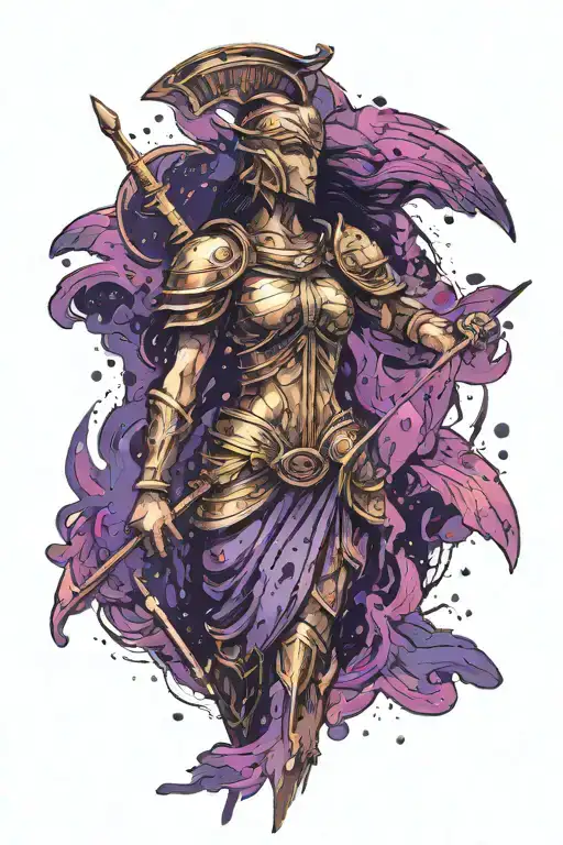 Athena goddess in Armor, paint drops, brush strokes, brush style tattoo design idea