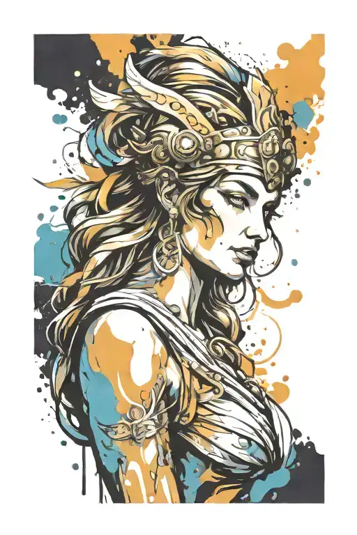 athena goddess , paint drops, brush style surrounded tattoo design idea