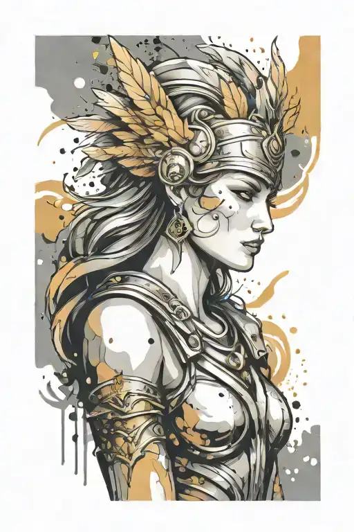athena goddess in Armor , paint drops, brush style surrounded tattoo design idea