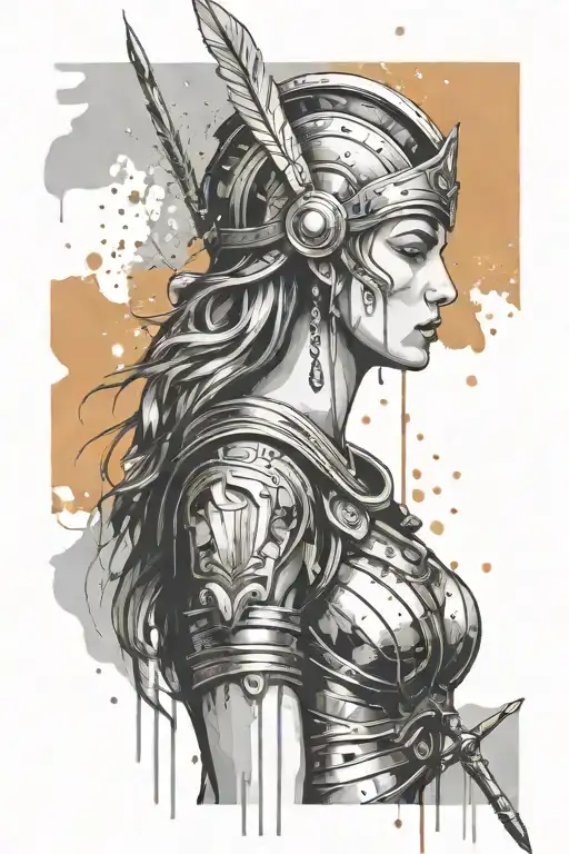 athena goddess in Armor  with spear, paint drops, brush style surrounded tattoo design idea