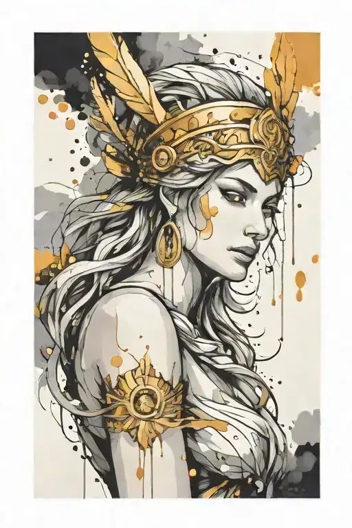 athena goddess , paint drops, brush style surrounded tattoo design idea