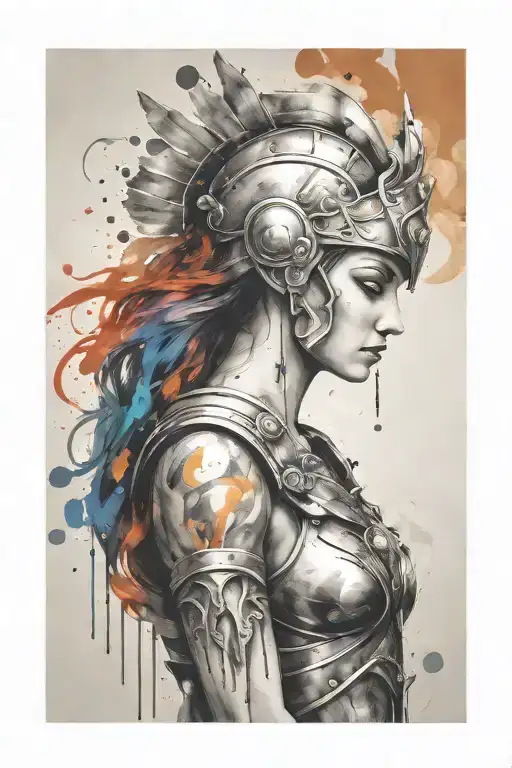 athena goddess in Armor  , paint drops, brush style surrounded tattoo design idea