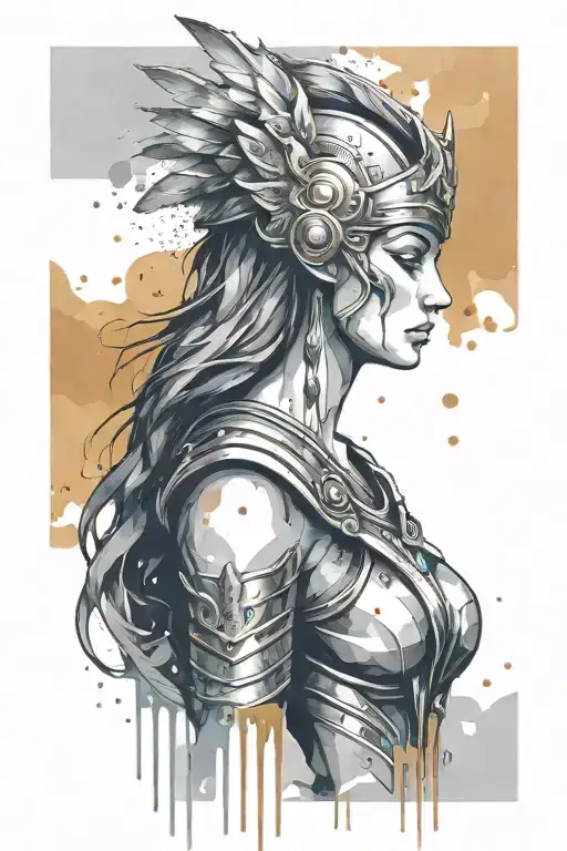 athena goddess in Armor, paint drops, brush style surrounded tattoo design idea