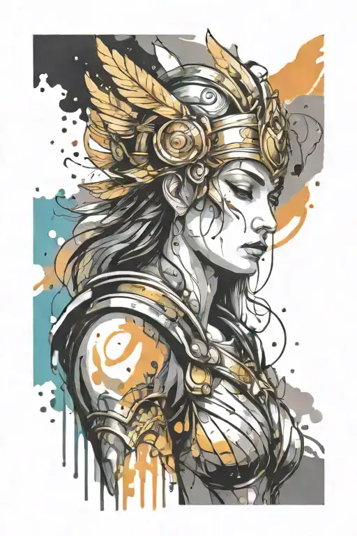 athena goddess in Armor, paint drops, brush style surrounded tattoo design idea