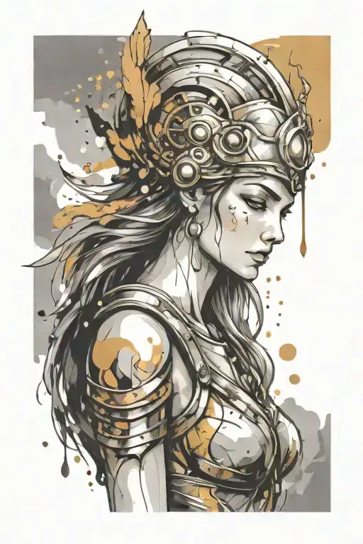 athena goddess in Armor , paint drops, brush style surrounded tattoo design idea