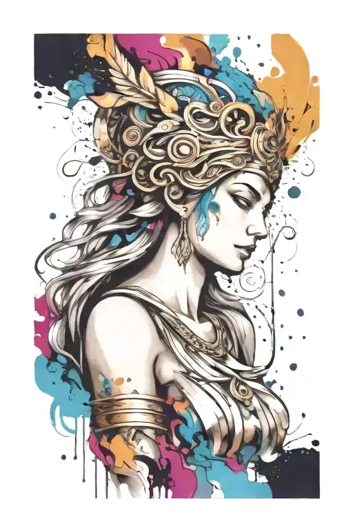 athena goddess , paint drops, brush style surrounded tattoo design idea