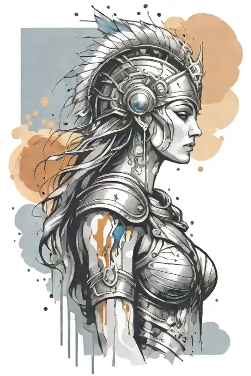 athena goddess in Armor,  paint drops, brush style surrounded tattoo design idea