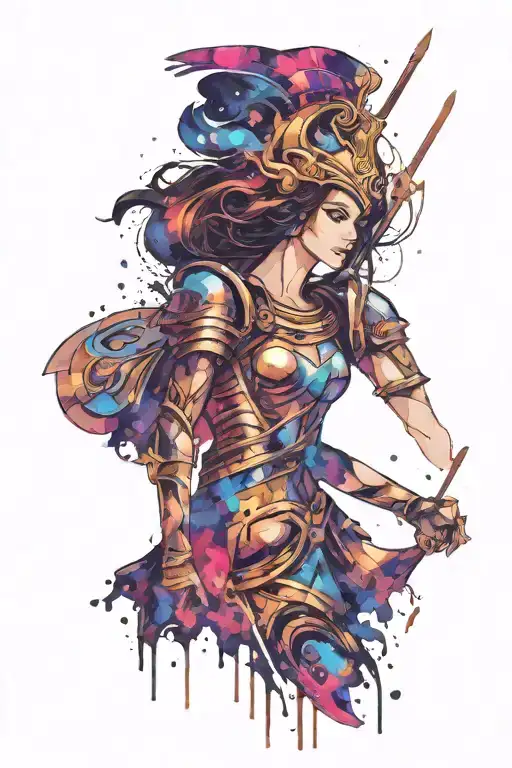 Athena goddess in Armor, paint drops, brush strokes tattoo design idea