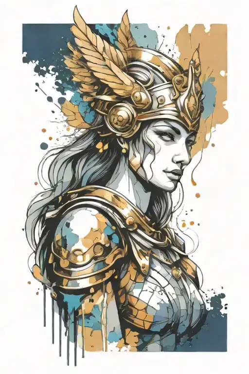 athena in armor goddess , paint drops, brush style surrounded tattoo design idea