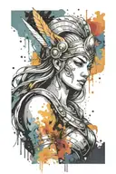 athena goddess in Armor with spear, paint drops, brush style surrounded tattoo design idea