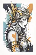 athena goddess in Armor with spear, paint drops, brush style surrounded tattoo design idea