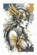 athena in armor goddess , paint drops, brush style surrounded tattoo design idea