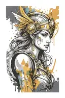 athena in armor goddess , paint drops, brush style surrounded tattoo design idea