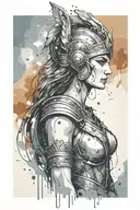 athena goddess in Armor, paint drops, brush style surrounded tattoo design idea