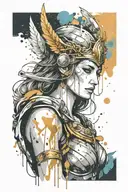 athena goddess in Armor, paint drops, brush style surrounded tattoo design idea