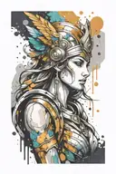 athena goddess in Armor, paint drops, brush style surrounded tattoo design idea