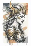 athena goddess in Armor , paint drops, brush style surrounded tattoo design idea