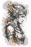 athena goddess in Armor , paint drops, brush style surrounded tattoo design idea