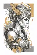athena goddess in Armor , paint drops, brush style surrounded tattoo design idea