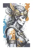 athena in armor goddess , paint drops, brush style surrounded tattoo design idea