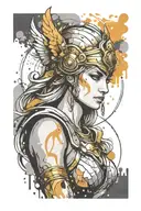 athena in armor goddess , paint drops, brush style surrounded tattoo design idea