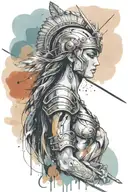 athena goddess in Armor holding spear, paint drops, brush style surrounded tattoo design idea