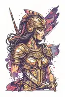 Athena goddess in Armor, paint drops, brush style background tattoo design idea