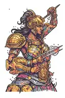 Athena goddess in Armor, paint drops, brush style background tattoo design idea