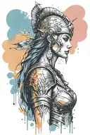 athena goddess in Armor  with spear, paint drops, brush style surrounded tattoo design idea