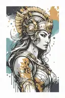 athena goddess in Armor, paint drops, brush style surrounded tattoo design idea
