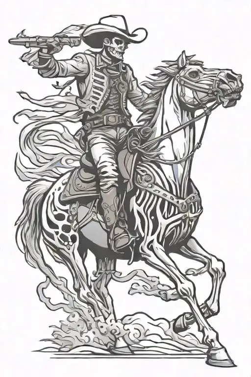 cowboy skeleton riding a horse in the plains tattoo design idea